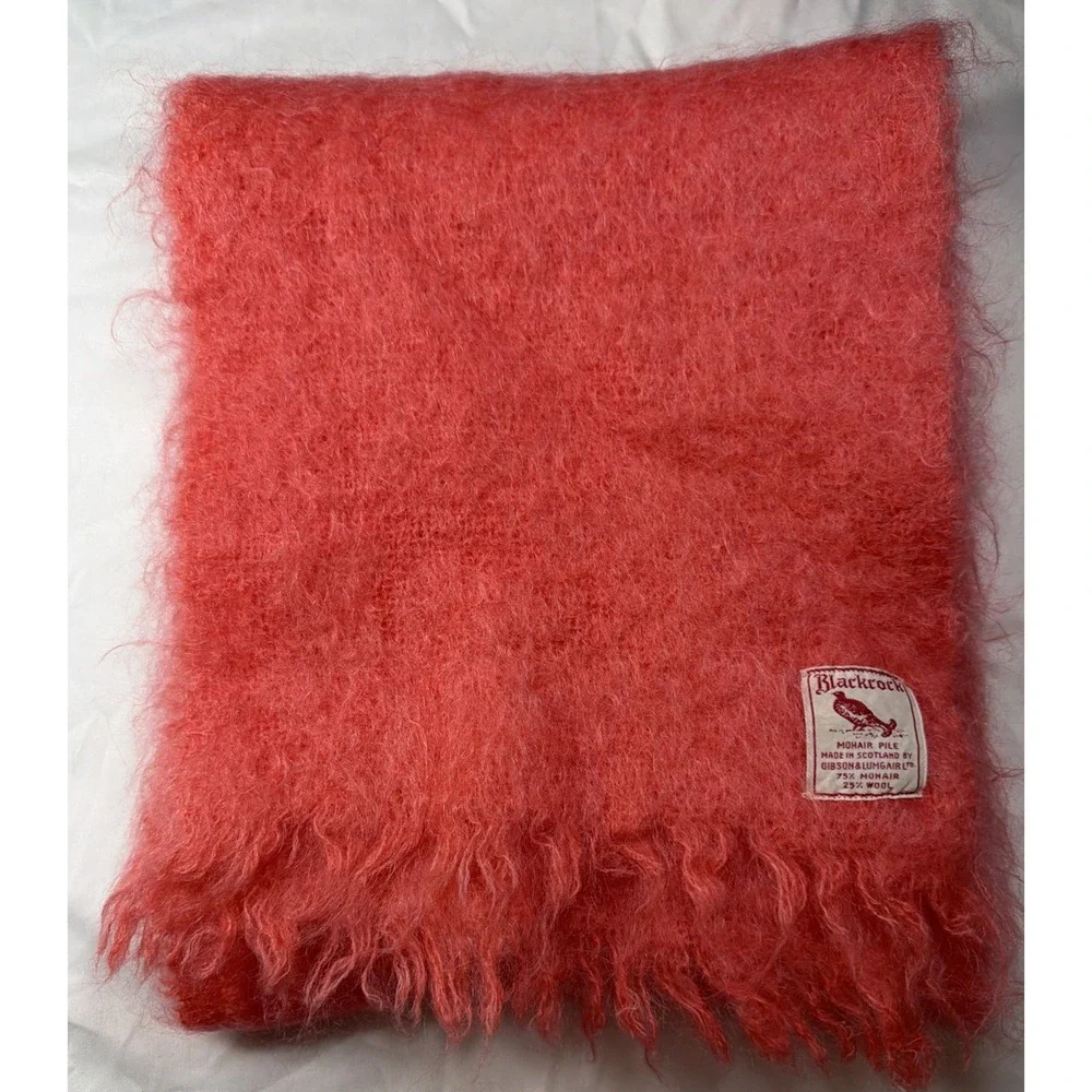 VTG Blackrock Mohair Scarf Coral Pink 75% Mohair Pile Wool Scotland Fringe